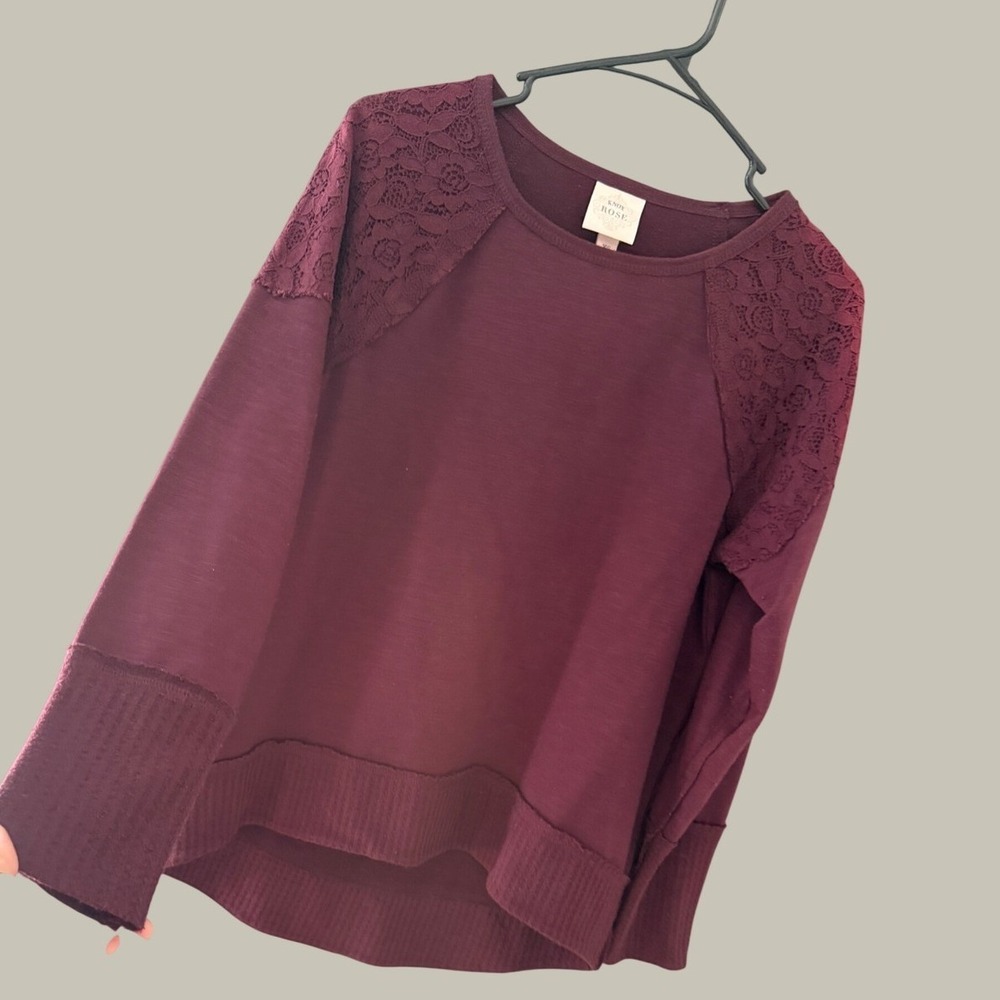 Knox Rose Burgundy Lace Shoulder Long Sleeve Top XS High Low Slub Knit Pullover